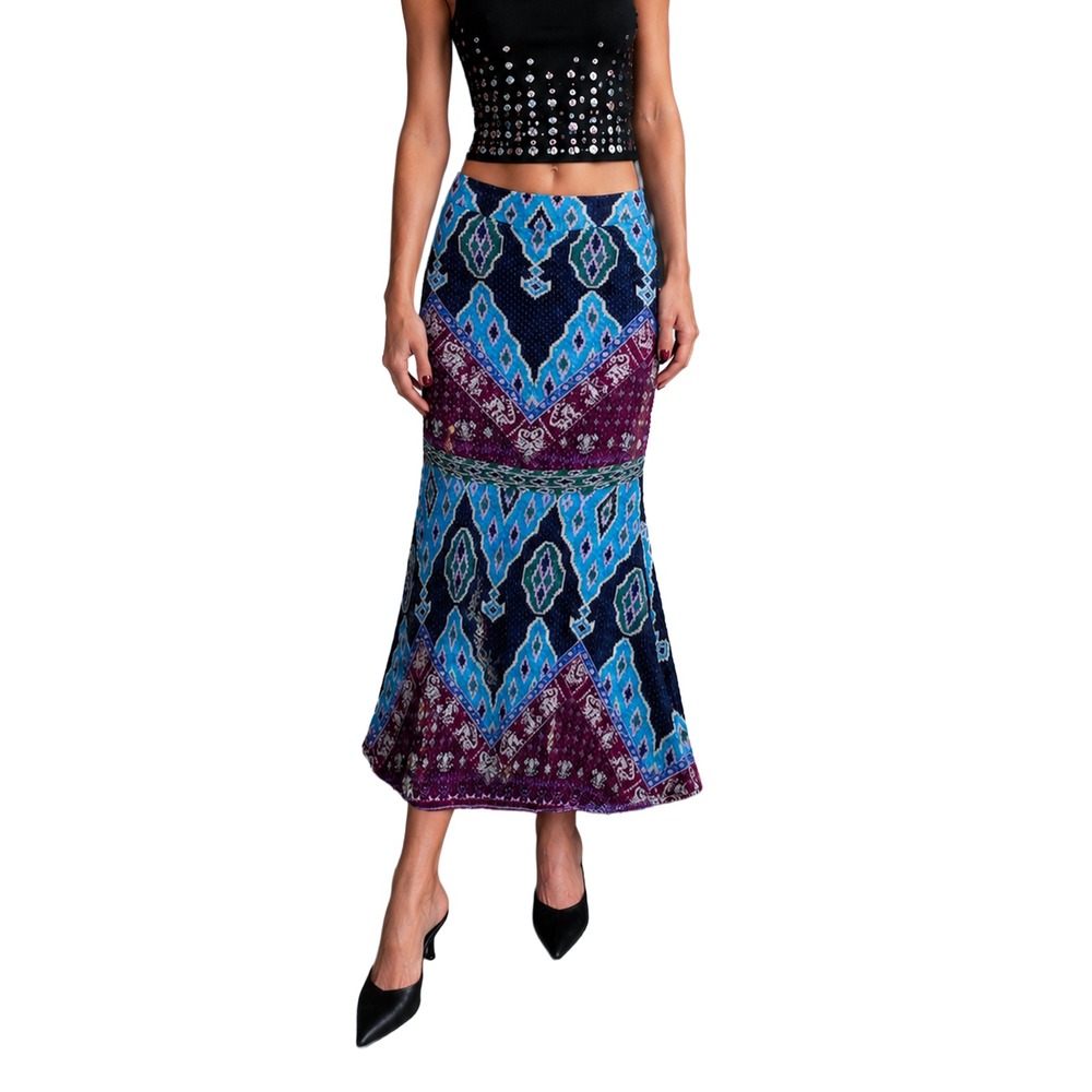 ba&sh Marine Geometric Print Flared Midi Skirt Women's FR 34 US 2 XS Boho